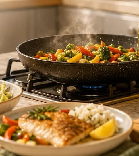 Vegetables cooking in a pan and a plated fillet, dressed with VEOLENA oil