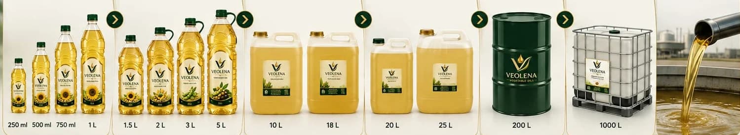 The VEOLENA packaging range, from a 250 ml retail bottle to a 1000 L IBC tank